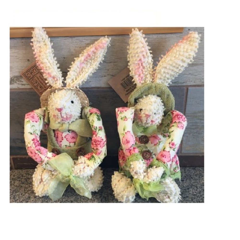 Shabby Chic Chenille Easter Bunny Rabbit Boy & Girl Plush Sitters NEW Lot of 2